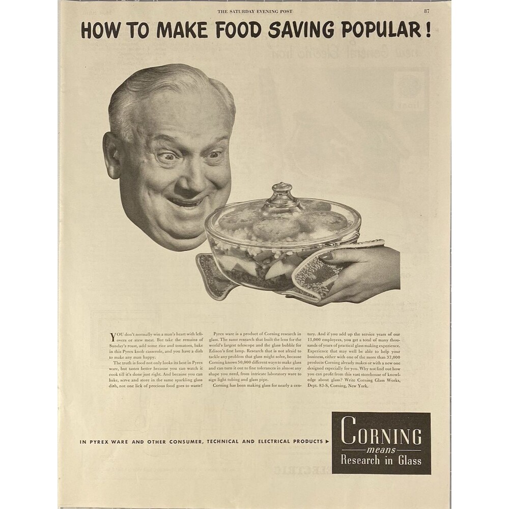 Corning "How To Make Food Saving Popular" Vintage Print Ad 1948